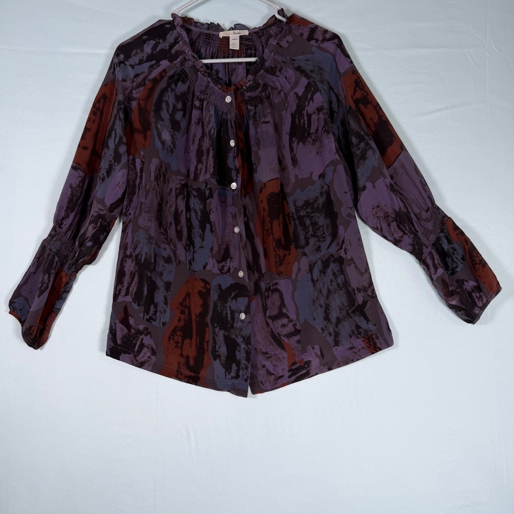 Trinity Size-M Women Silk Blouse Purple Abstract Floral Smocked Button Front Top